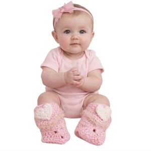 Hand Crochet Baby Booties Pink White Heart Valentine Granny Square Baby shoes 5"